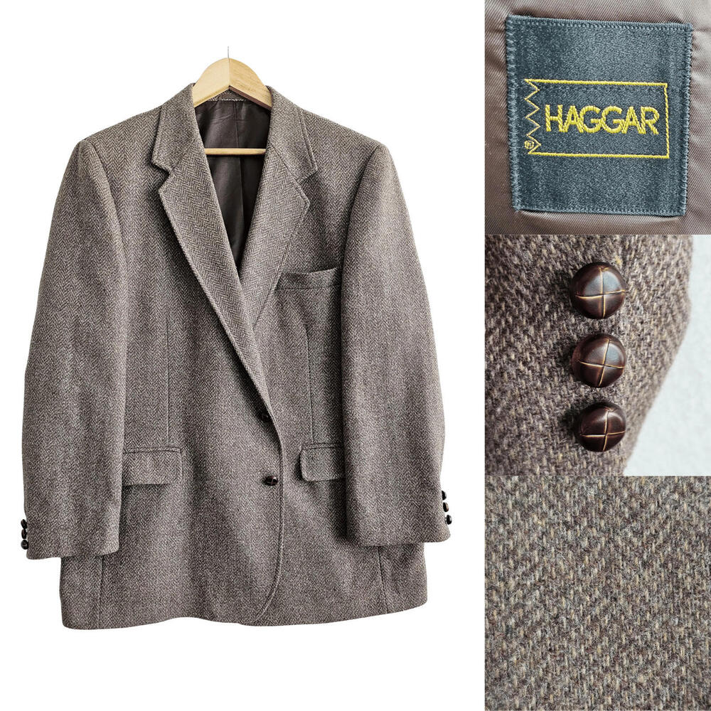 Vintage Haggar Wool Blazer Mens Size 46 Brown Herringbone Tweed